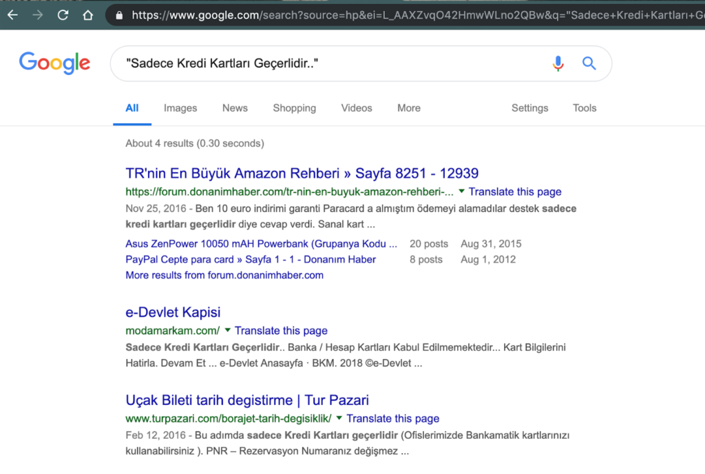  “Sadece Kredi Kartları Geçerlidir..” Google aramasının sonuçları